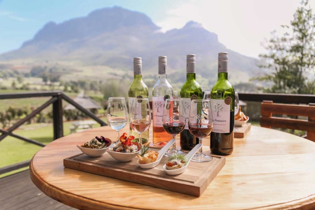 assorted wines in a tasting layout in Cape Town